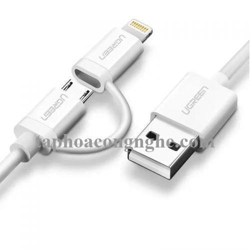 Ugreen 20875 0.5M màu Trắng Cáp sạc đa năng USB sang MicroUSB + Lightning US178 30020875